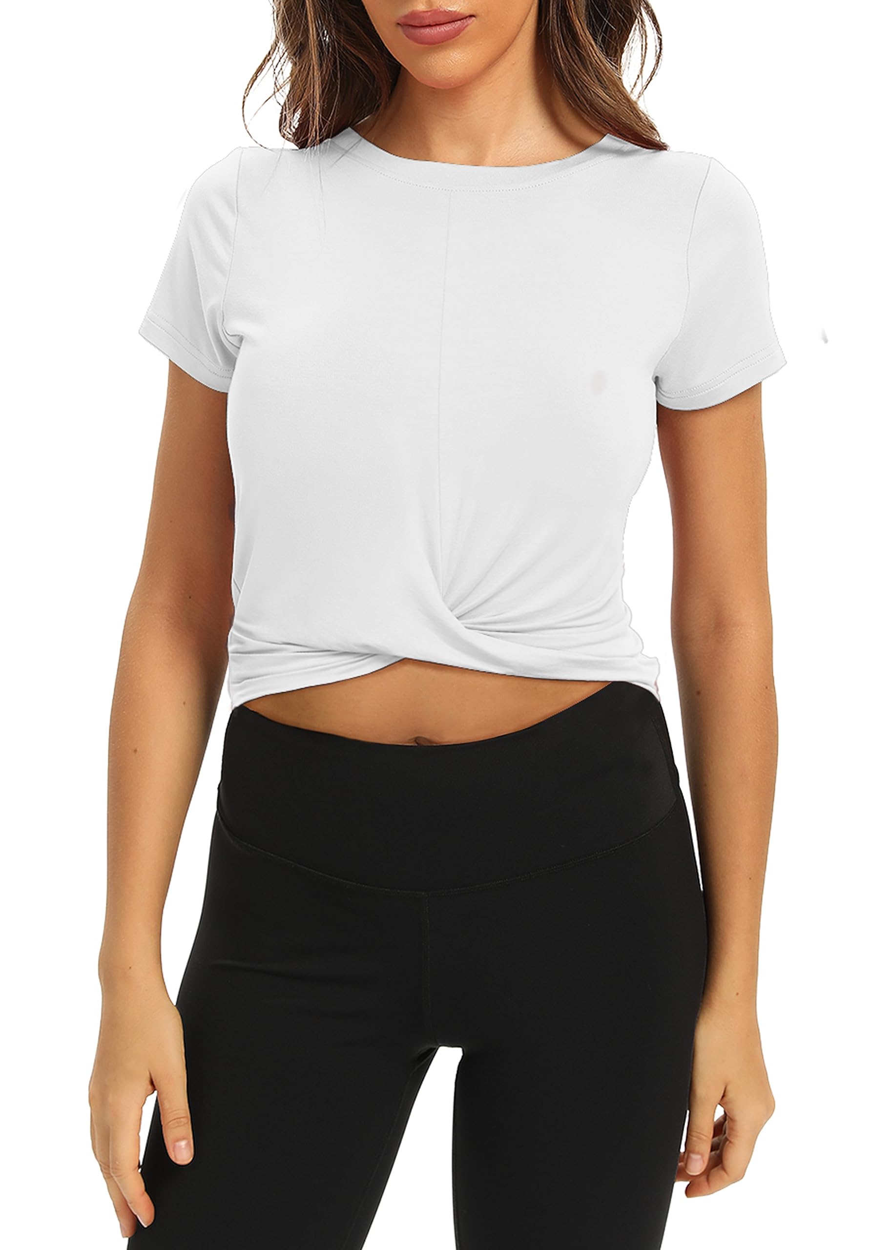 Bestisun Workout Front Cross Crop Tops for Women Short Sleeve Dance Running Cropped Shirt Gym Yoga Workout Crop Tops for Women White M