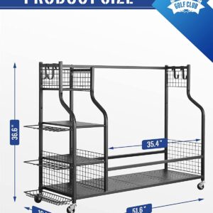 Mythinglogic 3 Golf Bags Storage Organizer-Extra Large Size Fits 3 Full Size Golf Bags,Golf Organizer for Golf Equipment and Accessories, Golf Club Storage Rack with Lockable Wheels