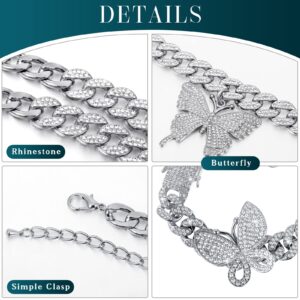 Hinly 3 Pieces Butterfly Jewelry Set Link Chain Necklace for Women Rhinestone Butterfly Pendant Necklace Rhinestone Butterfly Bracelet Large Hoop Earrings Bling Earrings (Silver, Classic)