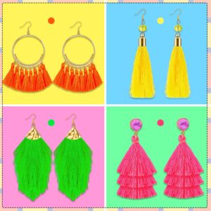 4 Pairs Neon Earrings for Women Tassel Earrings Neon Pink Earrings 80s 90s Dangle Colorful Layered Tassel Earrings for Women 80's Party Fringe Drop Earrings Girls Jewelry Birthday