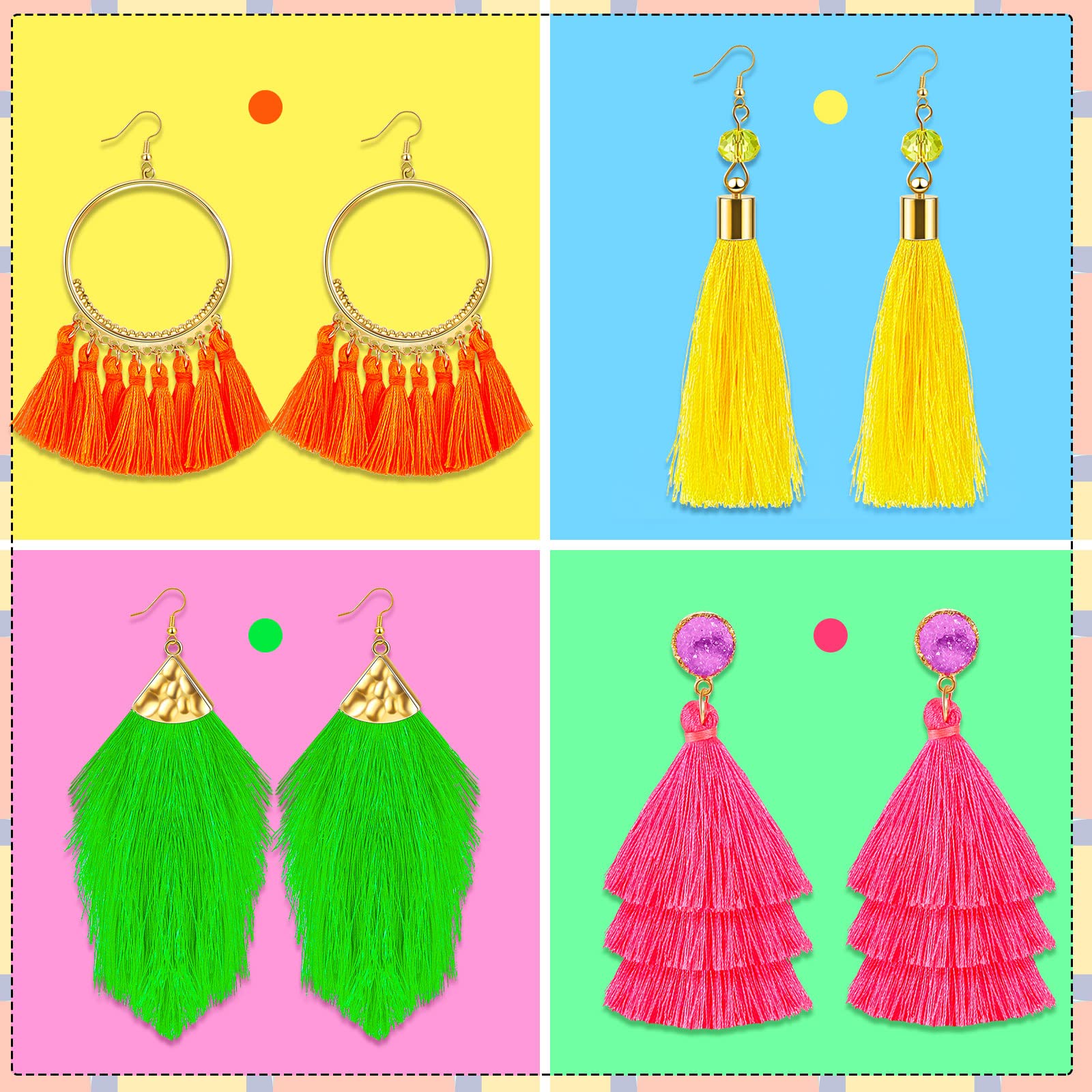 4 Pairs Neon Earrings for Women Tassel Earrings Neon Pink Earrings 80s 90s Dangle Colorful Layered Tassel Earrings for Women 80's Party Fringe Drop Earrings Girls Jewelry Birthday