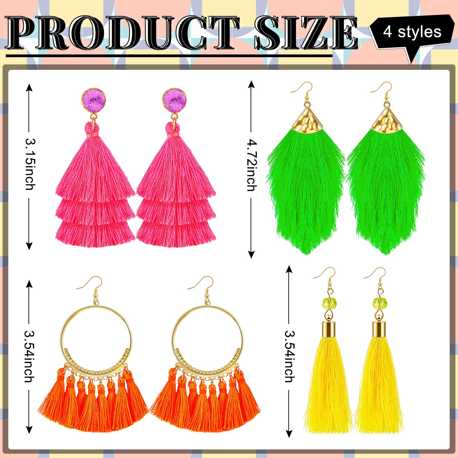 4 Pairs Neon Earrings for Women Tassel Earrings Neon Pink Earrings 80s 90s Dangle Colorful Layered Tassel Earrings for Women 80's Party Fringe Drop Earrings Girls Jewelry Birthday