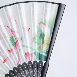 RAN Imitated Silk Fabric Folding Fan with Lotus Print, Elegant Woman Bamboo Folding Pocket Purse Hand Fan with Tassel (Color : Multi-Colored, Size : 9.1")