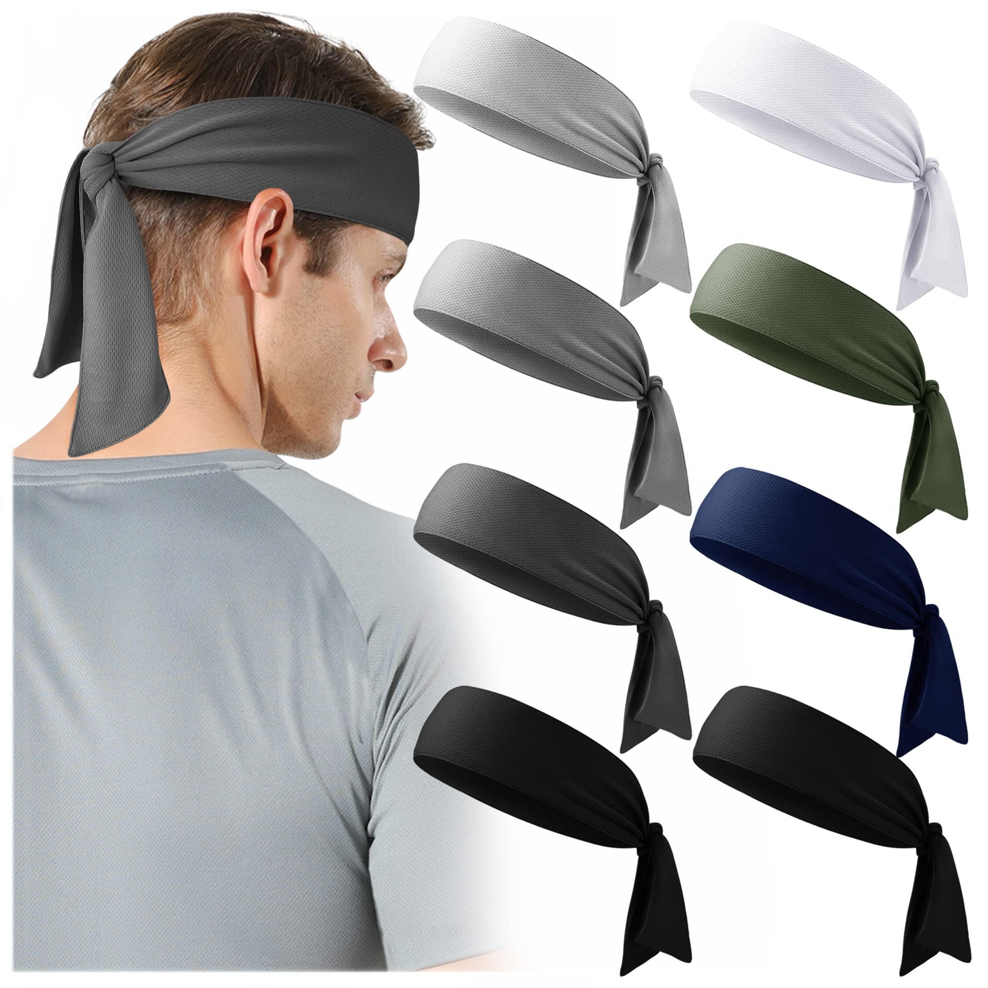 Jesries 8 Pack Men Head Tie Headbands Workout Sport Hairbands Non Slip Moisture Wicking Sweatband Adjustable Hair Bands for Fitness Athleti