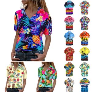 Hawaii Hawaiian T-Shirt for Womens Printed Short Sleeve Shirts Button Down Collared Loose Blouse Beach Casual Summer Tops Tee T Tshirt Vacation Holiday Friday Hula Tiki Luau Party Pineapple Blue