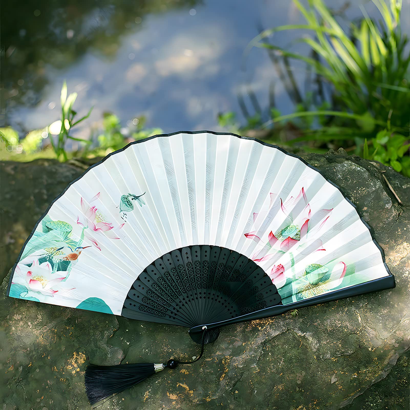 RAN Imitated Silk Fabric Folding Fan with Lotus Print, Elegant Woman Bamboo Folding Pocket Purse Hand Fan with Tassel (Color : Multi-Colored, Size : 9.1")