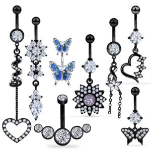 Vsnnsns 14G Belly Button Rings Belly Rings for Women Surgical Stainless Steel Skull Belly Piercing Jewelry Heart Butterfly Belly Button Ring Opal Navel Ring Barbell Body Jewelry Piercing Black