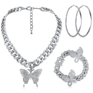 hinly 3 pieces butterfly jewelry set link chain necklace for women rhinestone butterfly pendant necklace rhinestone butterfly bracelet large hoop earrings bling earrings (silver, classic)