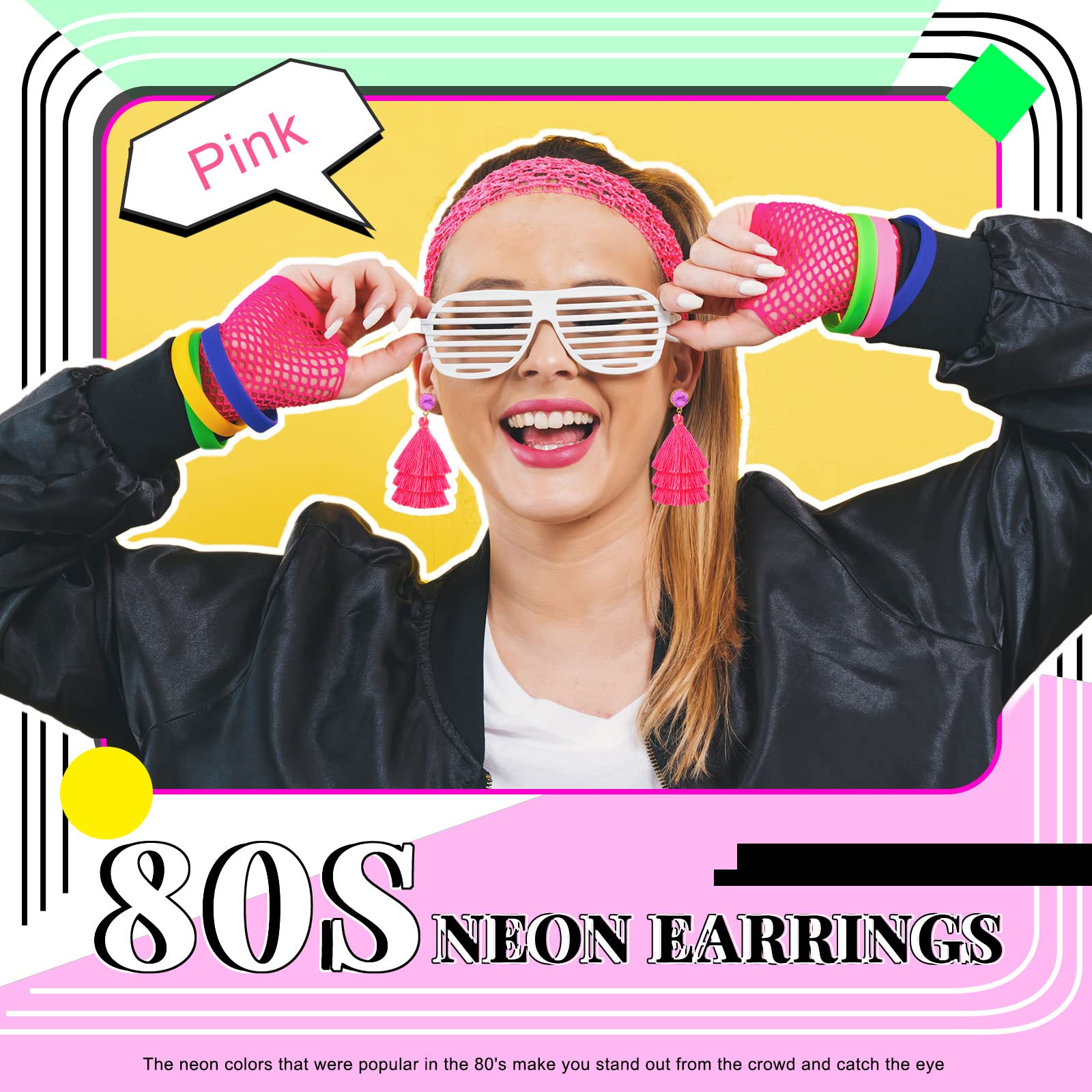 4 Pairs Neon Earrings for Women Tassel Earrings Neon Pink Earrings 80s 90s Dangle Colorful Layered Tassel Earrings for Women 80's Party Fringe Drop Earrings Girls Jewelry Birthday