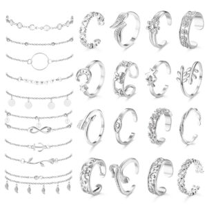 lolias 25pcs anklets and toe rings for women silver gold plated toe rings layered ankle bracelets flower evil eye toe rings for summer sandals foot jewelry set adjustable (silver tone)