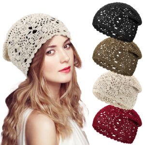 JenPen 4 Pieces Crochet Slouchy Beanie Hat Fall Handmade Knit Floral Skull Cap Cotton Cutout Summer Hats for Women Lightweight One Size