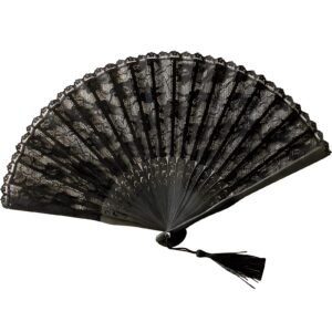 ran 8.7" lace floral folding hand fans - womens handmade black imitated silk fabric lace hand fan, bamboo folded fans (color : black, size : 8.7")