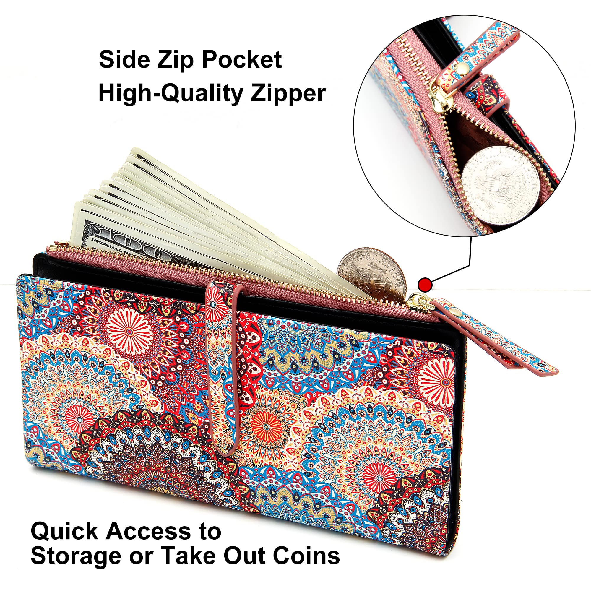 YOUBDM Slim Wallets for Women Credit Card Holder RFID Bifold Clutch Wallets Checkbook with Zipper Pocket