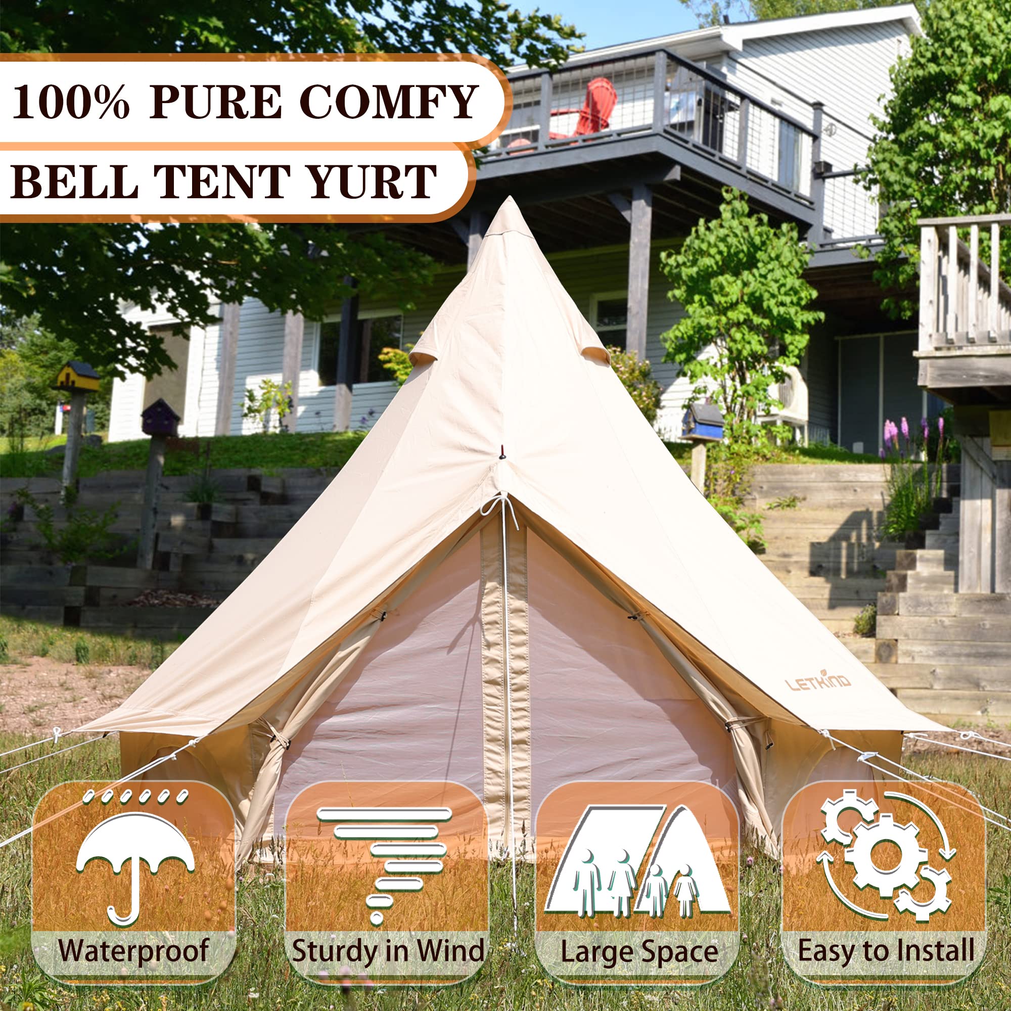 LETKIND Canvas Tent with Stove Jack, 4 Season Waterproof Camping Tent 4/6 Person Luxury Outdoor Glamping Yurt for Camping, Cotton Bell Tent for Winter Camping for Hunting Party