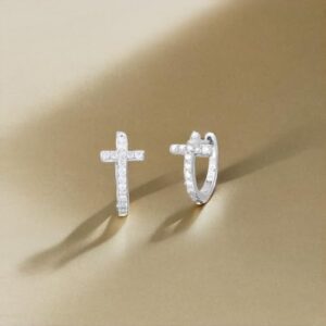 Natalia Drake Tiny Cross Huggie 1/4 Cttw Diamond Hoop Earrings for Women in Rhodium Plated 925 Sterling Silver