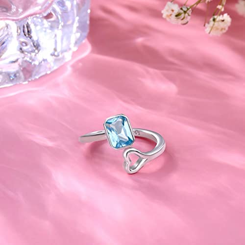 Qings Square Birthstone Adjustable Ring 925 Sterling Silver Hollow Love Heart Cubic Zirconia Aquamarine March Birthstone Open Rings Birthday Gifts for Women Girls