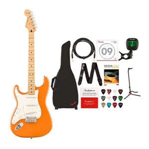 fender player stratocaster 6-string guitar (capri orange, left hand) value bundle with gig bag, instrument cable, clip-on tuner, stand, strings, strap, learning book, picks and prepaid card (10 items)