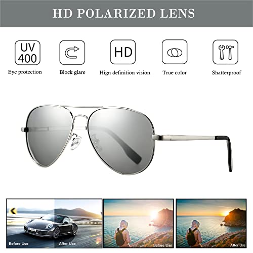 HJSTES Polarized Aviator Sunglasses for Women Men Classic Metal Shades Mirror Lens 100% UV Blocking, 58mm(Silver Frame/Silver Mirrored)