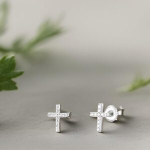 NATALIA DRAKE Tiny Cross Screw Back 1/10 Cttw Diamond Stud Earrings for Women in Rhodium Plated 925 Sterling Silver Cartilage Earring for Second Hole Piercing