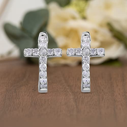 Natalia Drake Tiny Cross Huggie 1/4 Cttw Diamond Hoop Earrings for Women in Rhodium Plated 925 Sterling Silver