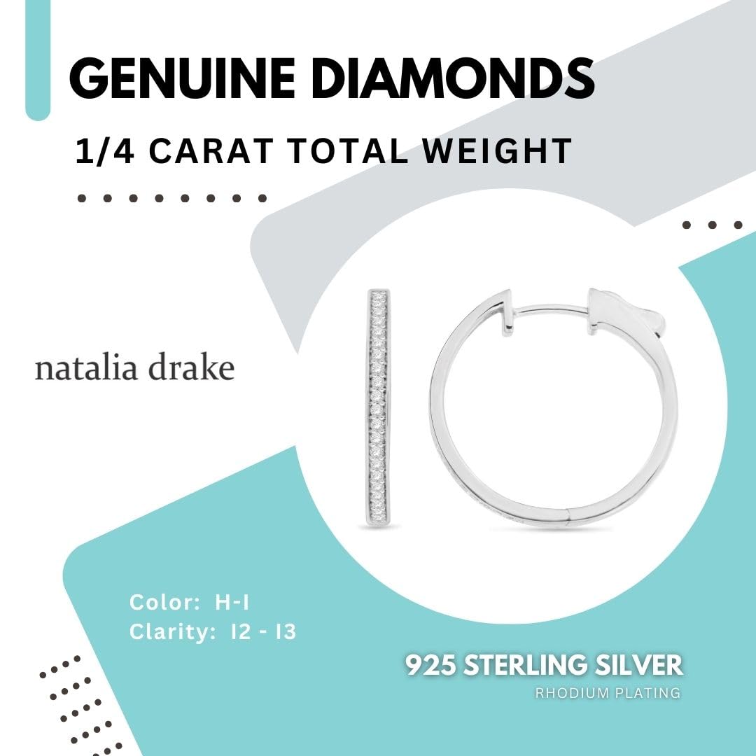 NATALIA DRAKE Small Push Button Clasp 1/4 Cttw Diamond Hoop Earrings for Women in Rhodium Plated 925 Sterling Silver