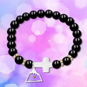 Uloveido Synthetic White Agate Side Cross Bracelet, Black Onyx Beaded, Triangle Mountain Mustard Seed Charm Pendant Y944 (Triangle Mountain)