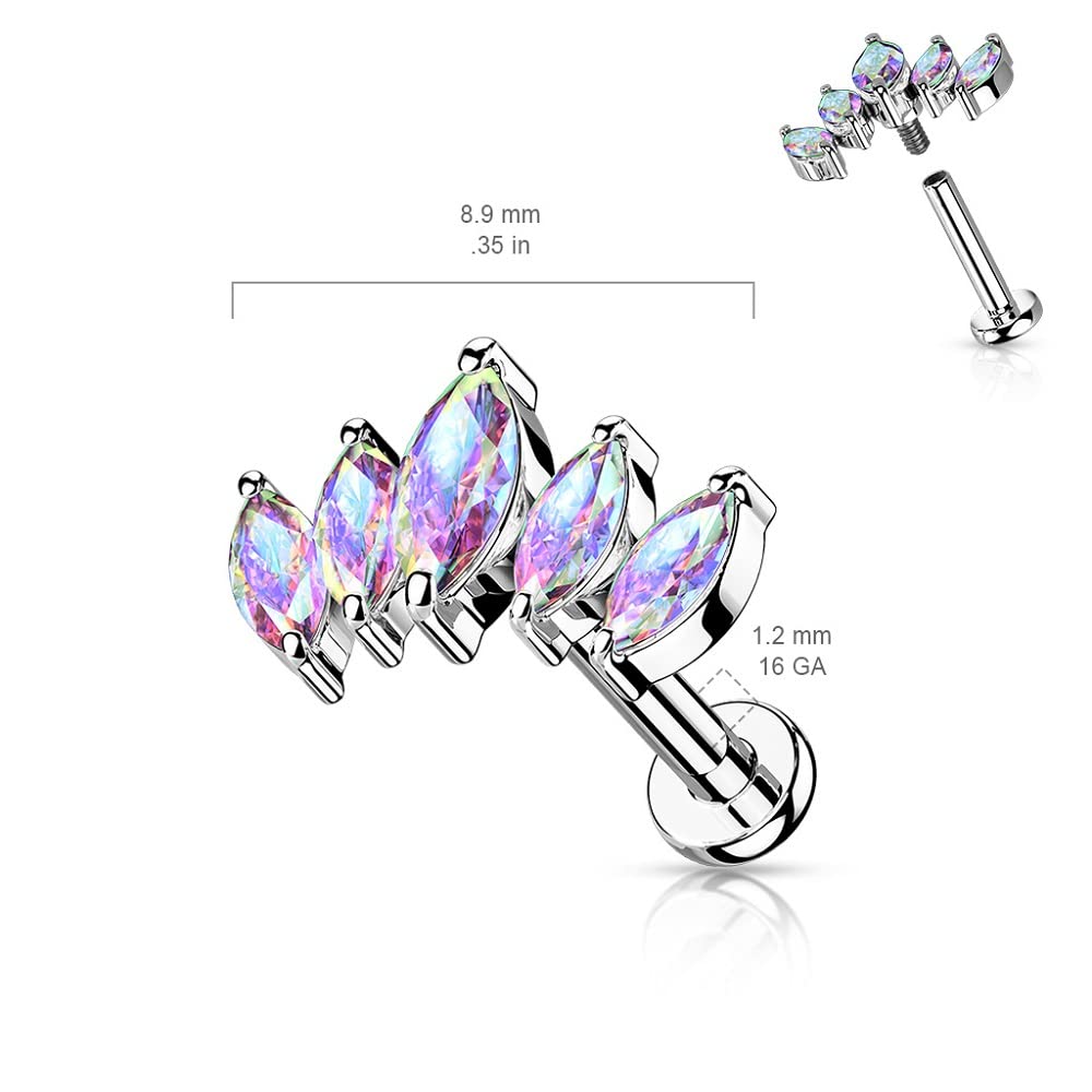 Pierced Owl 16GA 316L Stainless Steel 5 CZ Crystal Marquise Fan Internally Threaded Stud (Aurora Borealis)