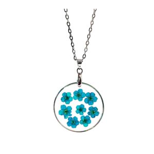 PTGMH Pressed Flower Necklace with Real Dried Flower Sample Resin Jewelry Flower Jewelry Round Resin Pendant Flower Necklace for Women (blue)