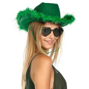 Funcredible Green Cowboy Hat and Glasses - Fluffy Cowgirl Hat with Star for Girls - Leprechaun Hat with Feathers - Leprechaun Costume - Halloween Accessories for Women