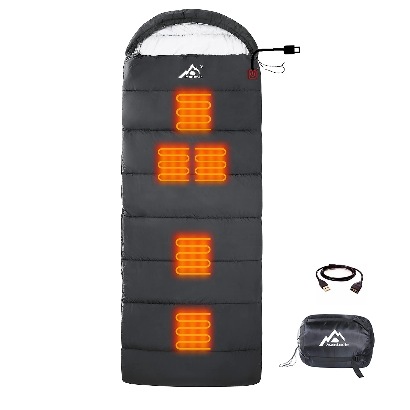 MANTUOLE Rectangular Heated Sleeping Bag Envelope Style 5 Heated Zones, Operated with Power Bank Battery or Other USB Power Supplies with USB 5V/2A Output, Envelope-Black-3D Heating.