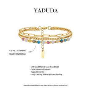 YADUDA Layered Dainty Gold Bracelets for Women Chain Link Paperclip with Colorful Crystal, Adjustable 14K Gold Plated Colorful Beaded Trendy Bracelets