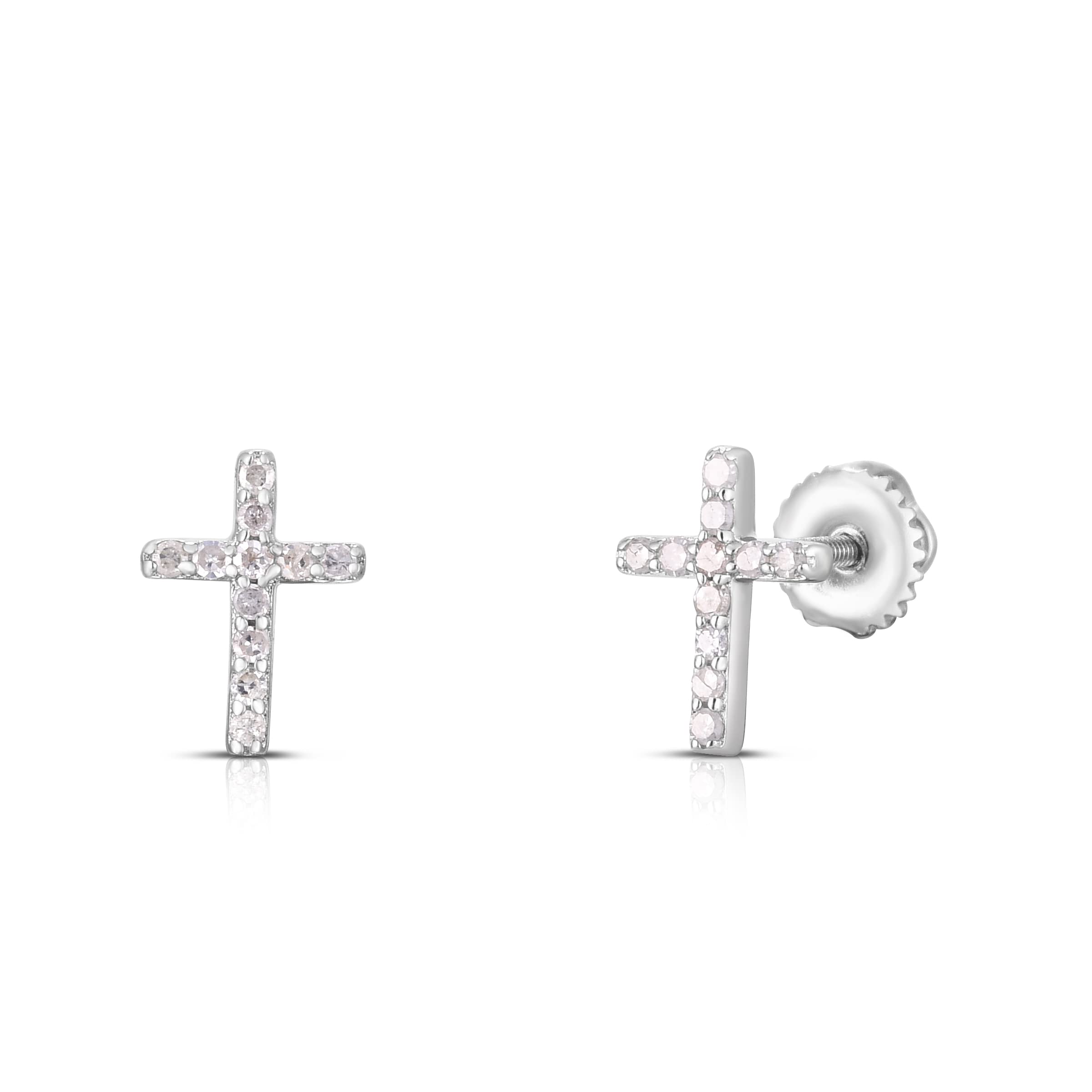 NATALIA DRAKE Tiny Cross Screw Back 1/10 Cttw Diamond Stud Earrings for Women in Rhodium Plated 925 Sterling Silver Cartilage Earring for Second Hole Piercing