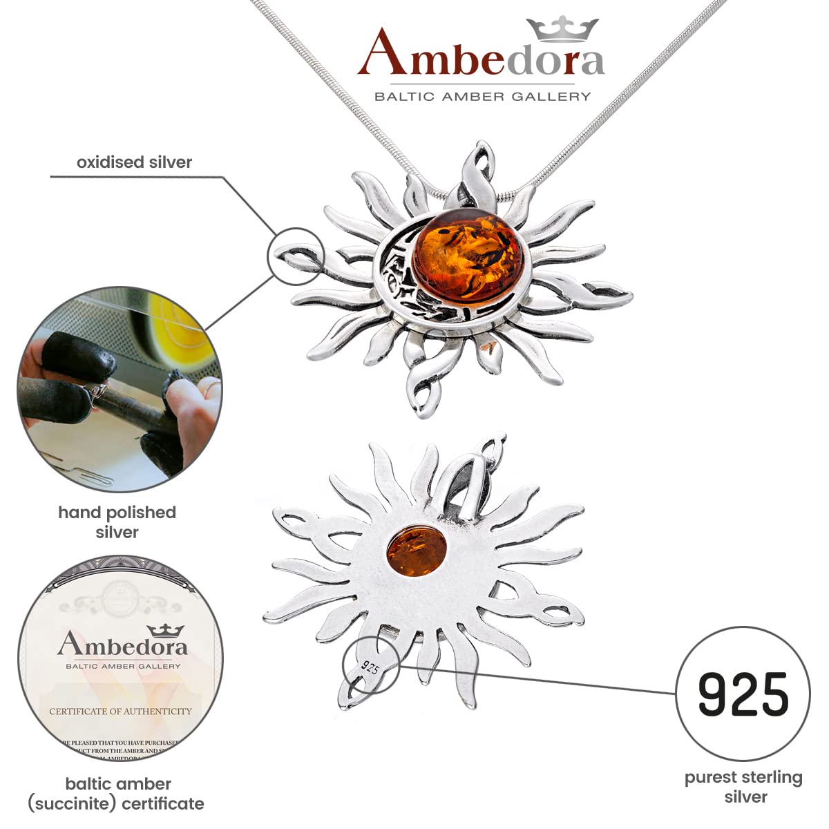 AMBEDORA Women's 925 Silver Oxidised Round Baltic Amber Celtic Sun & Moon Pendant on a Chain with a Snake Chain Gift Set