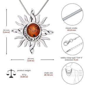 AMBEDORA Women's 925 Silver Oxidised Round Baltic Amber Celtic Sun & Moon Pendant on a Chain with a Snake Chain Gift Set