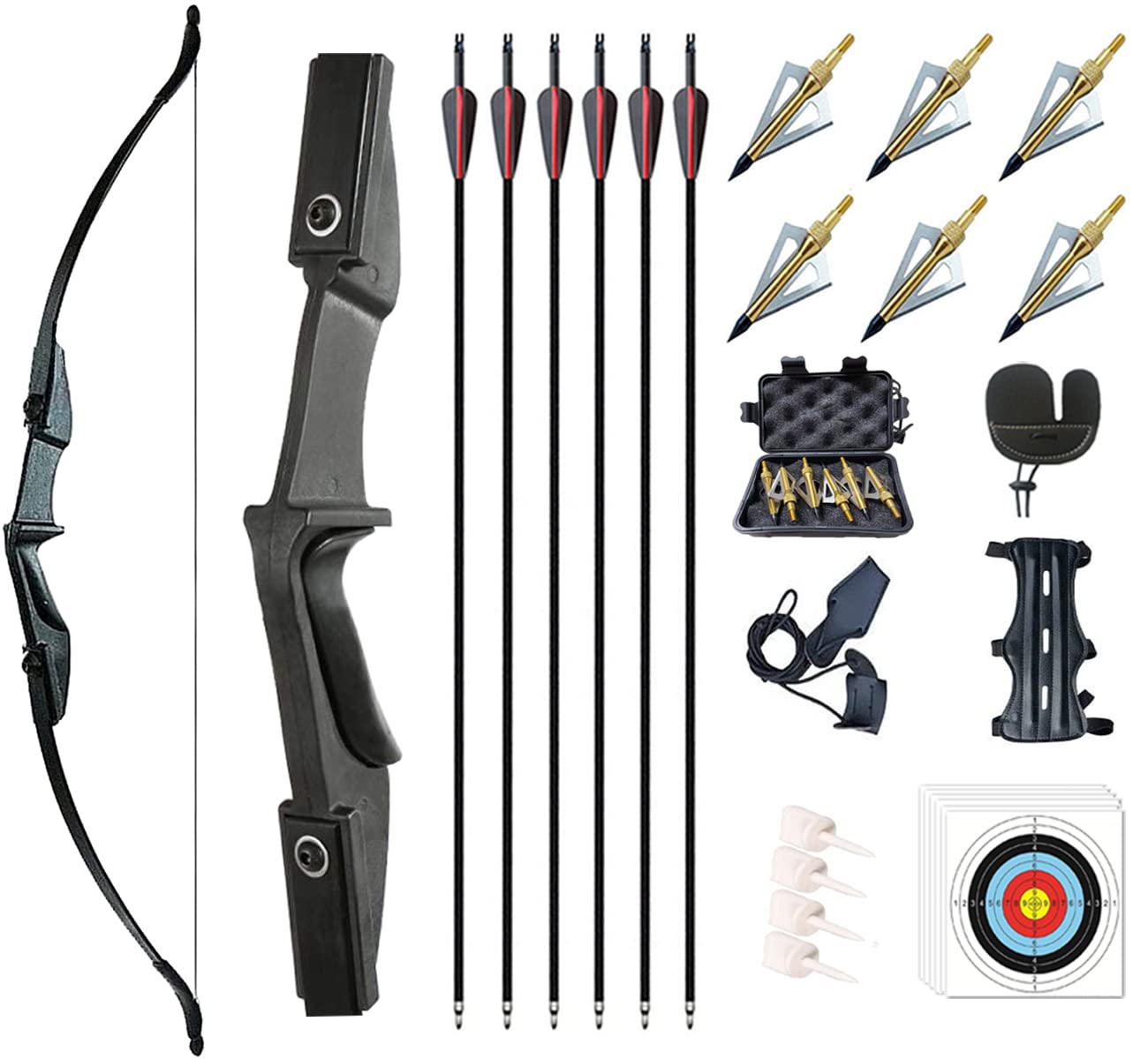 Monsour Archery Takedown Recurve Bow and Arrow Set Left/Rght Hand Longbow Kit Beginner Outdoor Hunting Shooting Practice 20lb 30lb 40lb (Black 40lb)