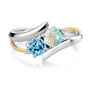 925 Sterling Silver and 10K Yellow Gold Round Cabochon White Simulated Opal Swiss Blue Topaz and Lab Grown Diamond Women Ring (1.17 Cttw, Gemstone Birthstone, Available In Size 5, 6, 7, 8, 9)