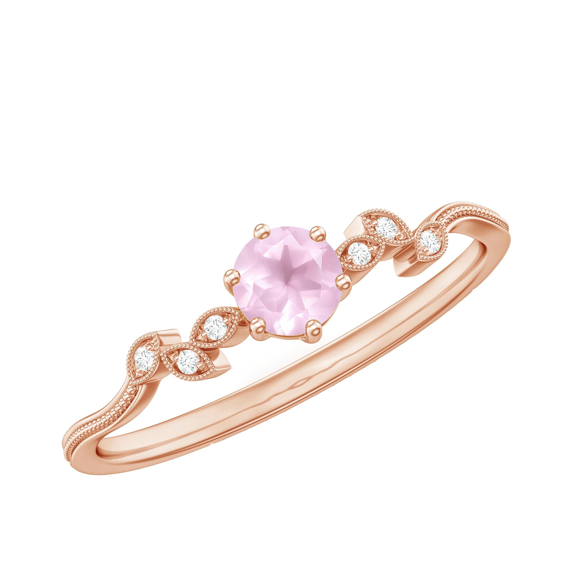 Certified Rose Quartz Promise Ring with Diamond, AAA Quality, Natural Rose Quartz Dainty Ring for Women, 14K Rose Gold, Size:US 12.50