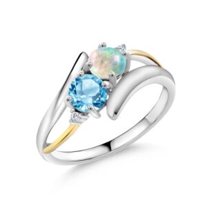 925 Sterling Silver and 10K Yellow Gold Round Cabochon White Simulated Opal Swiss Blue Topaz and Lab Grown Diamond Women Ring (1.17 Cttw, Gemstone Birthstone, Available In Size 5, 6, 7, 8, 9)