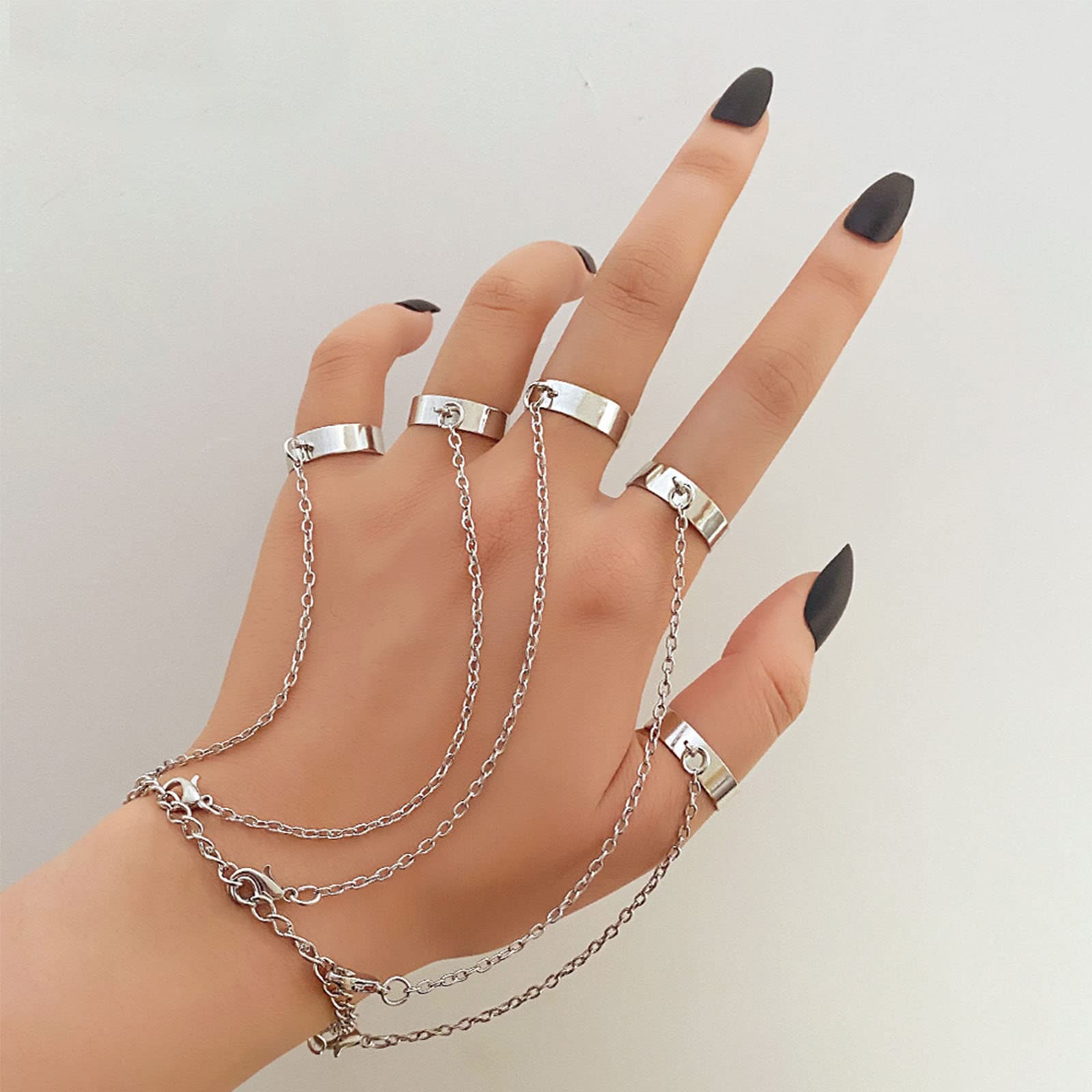 IFKM Vintage Silver Chain Finger Rings Bracelet, Gothic Punk Emo Cross Cool Simple Rings, Adjustable Statement Stackable Rings For Wen Women