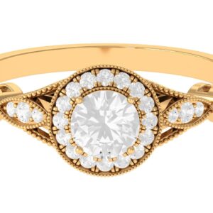 Rosec Jewels Certified White Sapphire Antique Engagement Ring with Milgrain Details | 1 CT | AAA Quality, 14K Yellow Gold, Size:US 7.00