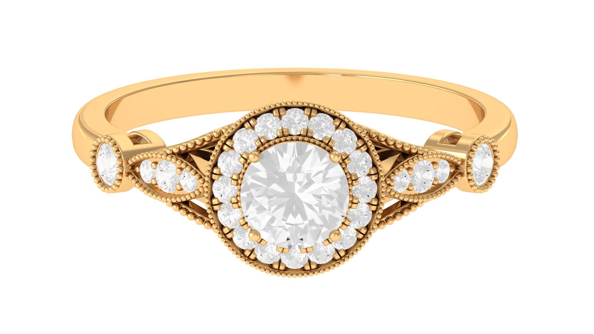 Rosec Jewels Certified White Sapphire Antique Engagement Ring with Milgrain Details | 1 CT | AAA Quality, 14K Yellow Gold, Size:US 7.00