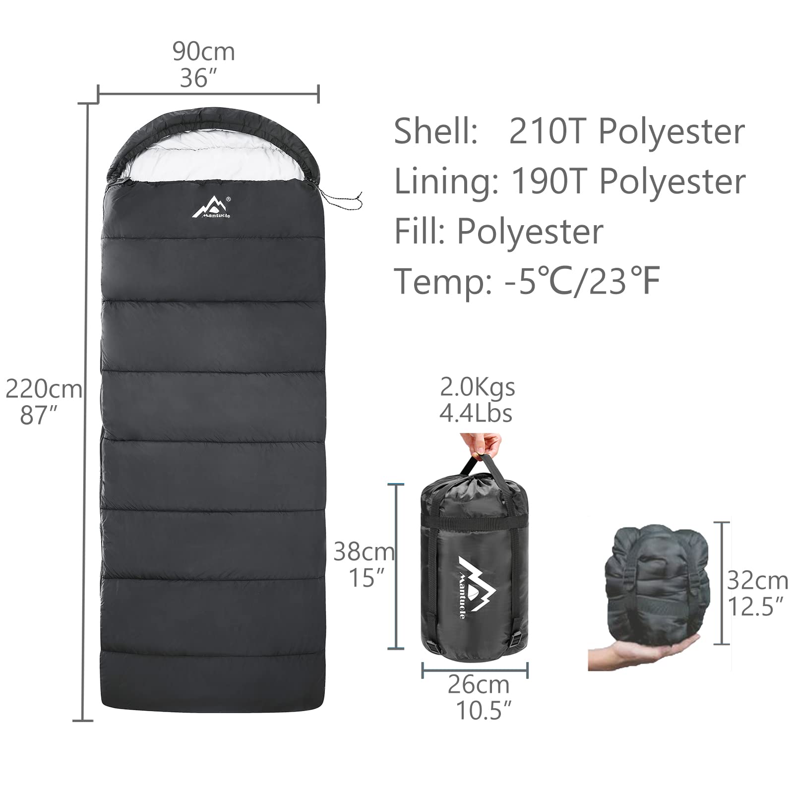 MANTUOLE Rectangular Heated Sleeping Bag Envelope Style 5 Heated Zones, Operated with Power Bank Battery or Other USB Power Supplies with USB 5V/2A Output, Envelope-Black-3D Heating.