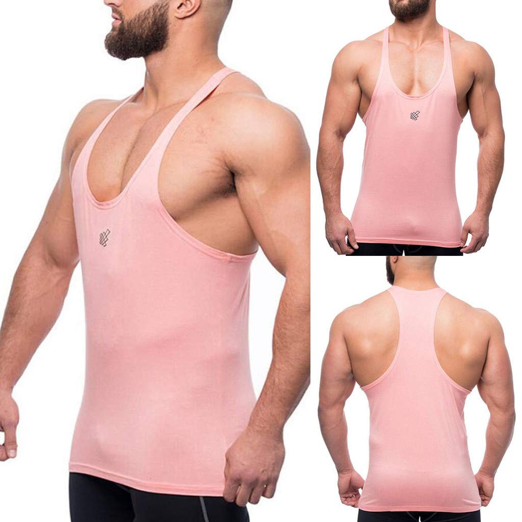 UTPO Men's Workout Tank Tops Fashion Sports Stringer Gym Training Cut Off Muscle Tee Sleeveless Bodybuilding Top Pink