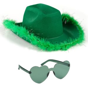 Funcredible Green Cowboy Hat and Glasses - Fluffy Cowgirl Hat with Star for Girls - Leprechaun Hat with Feathers - Leprechaun Costume - Halloween Accessories for Women