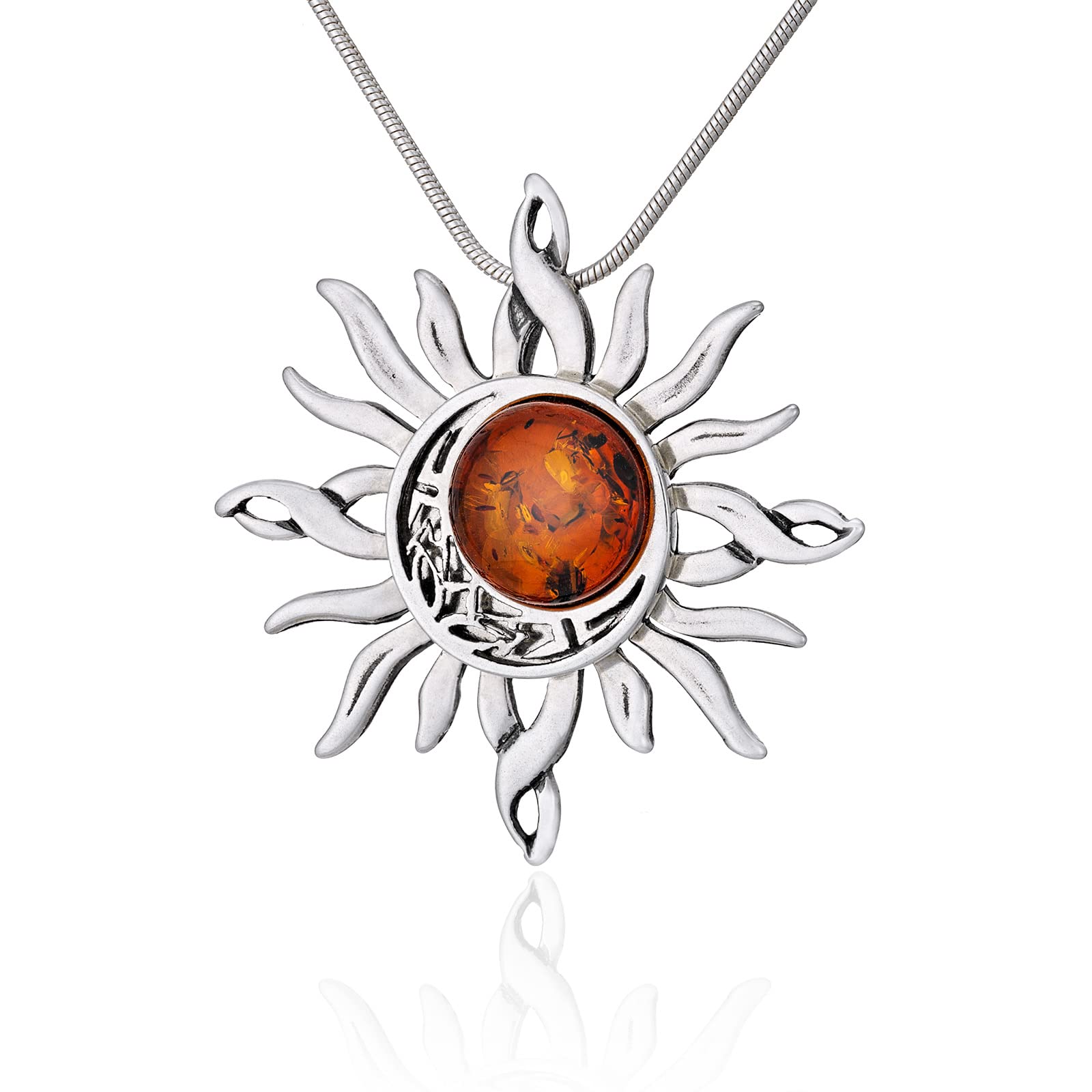 AMBEDORA Women's 925 Silver Oxidised Round Baltic Amber Celtic Sun & Moon Pendant on a Chain with a Snake Chain Gift Set