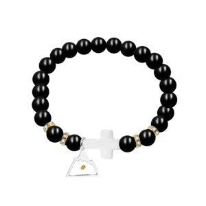 uloveido synthetic white agate side cross bracelet, black onyx beaded, triangle mountain mustard seed charm pendant y944 (triangle mountain)