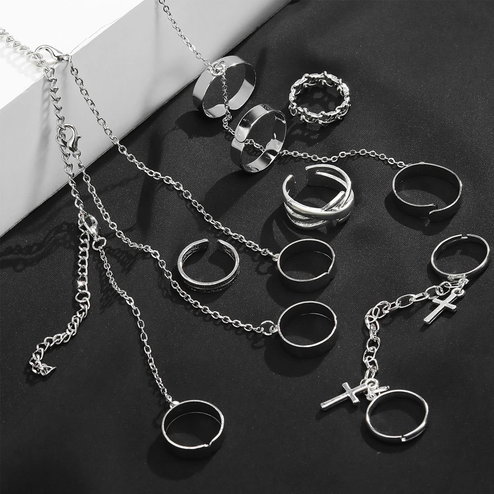 IFKM Vintage Silver Chain Finger Rings Bracelet, Gothic Punk Emo Cross Cool Simple Rings, Adjustable Statement Stackable Rings For Wen Women