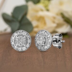 NATALIA DRAKE Small Round Halo Miracle Plate Stud 1/4 Cttw Diamond Stud Earrings for Women in Rhodium Plated 925 Sterling Silver