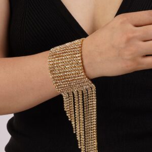 Rumtock Tassel Rhinestones Gold Bracelet Bling Fringe Hand Chain for Women Girls Party Jewelry