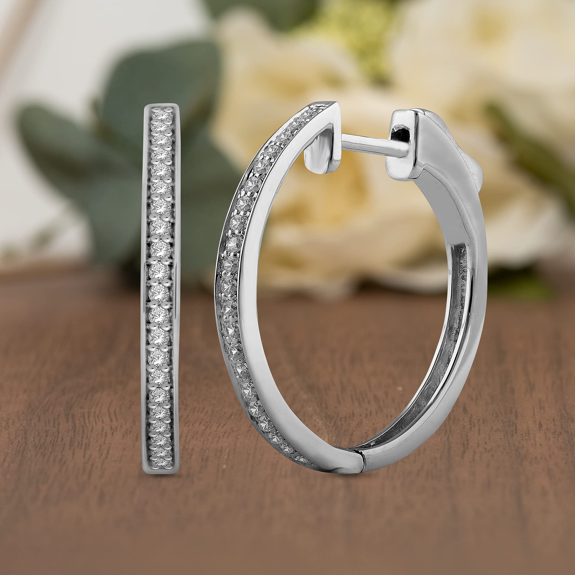 NATALIA DRAKE Small Push Button Clasp 1/4 Cttw Diamond Hoop Earrings for Women in Rhodium Plated 925 Sterling Silver